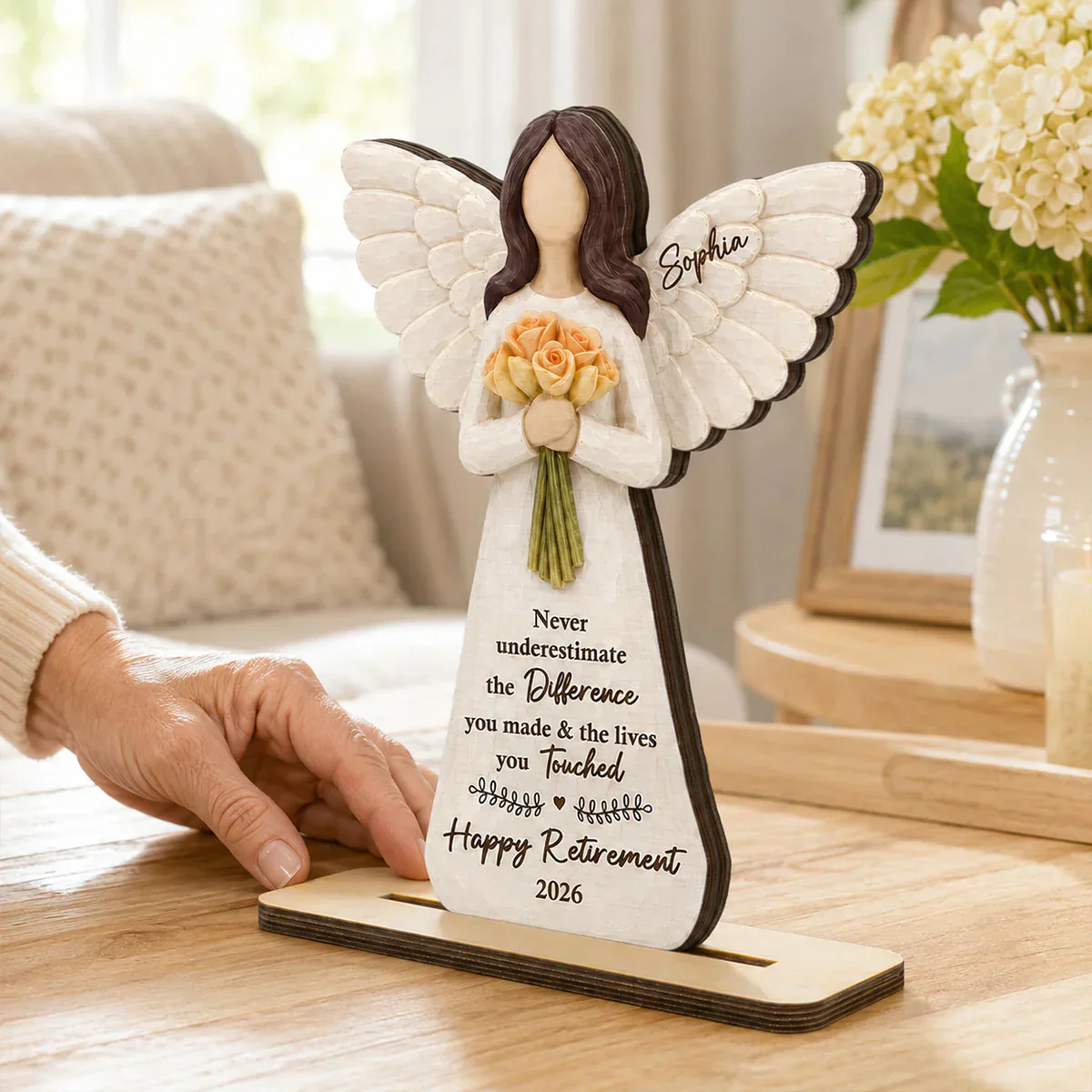 Personalized Wooden Plaque with Angel & Bouquet, Unique Retirement Gift for Retiree Keepsake - Image 2