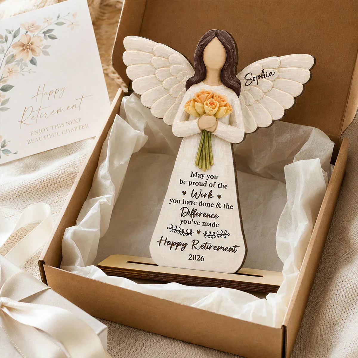 Personalized Wooden Plaque with Angel & Bouquet, Unique Retirement Gift for Retiree Keepsake - Image 3