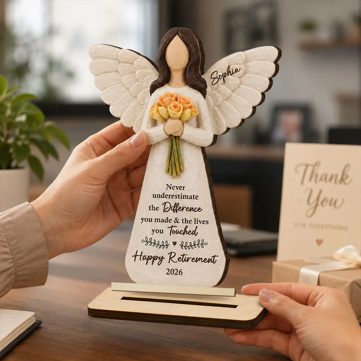 Personalized Wooden Plaque with Angel & Bouquet, Unique Retirement Gift for Retiree Keepsake - Image 6