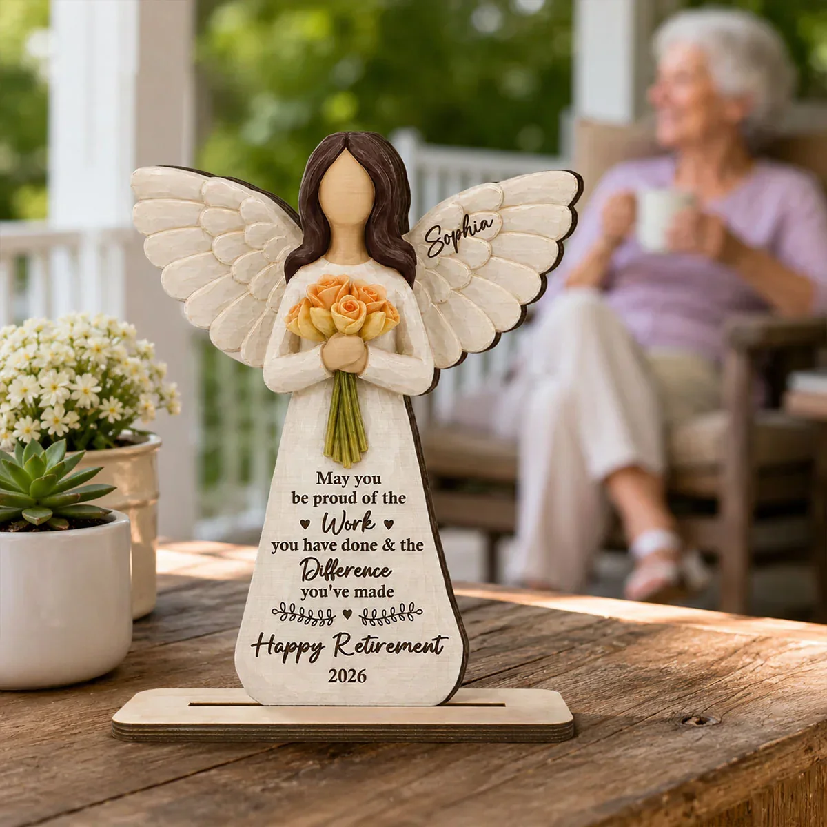Personalized Wooden Plaque with Angel & Bouquet, Unique Retirement Gift for Retiree Keepsake - Image 7