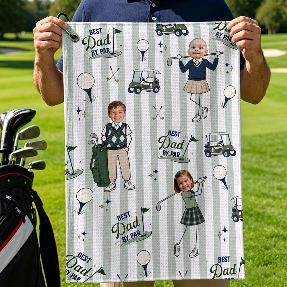 Custom Waffle Weave Golf Towel with Family Golf Art, Creative Gift for Dad's Golf Bag