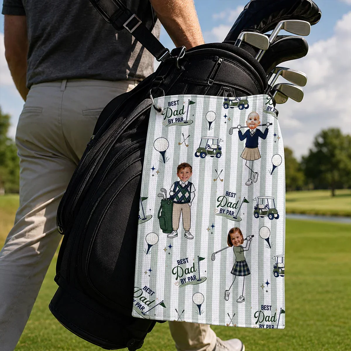 Custom Waffle Weave Golf Towel with Family Golf Art, Creative Gift for Dad's Golf Bag - Image 3