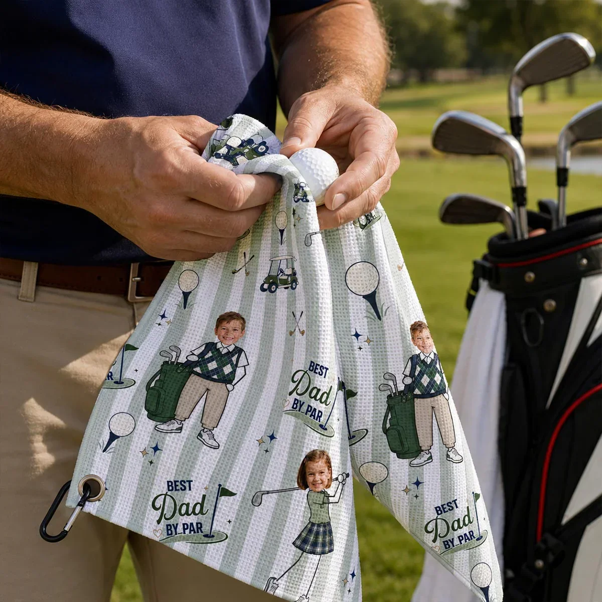 Custom Waffle Weave Golf Towel with Family Golf Art, Creative Gift for Dad's Golf Bag - Image 5