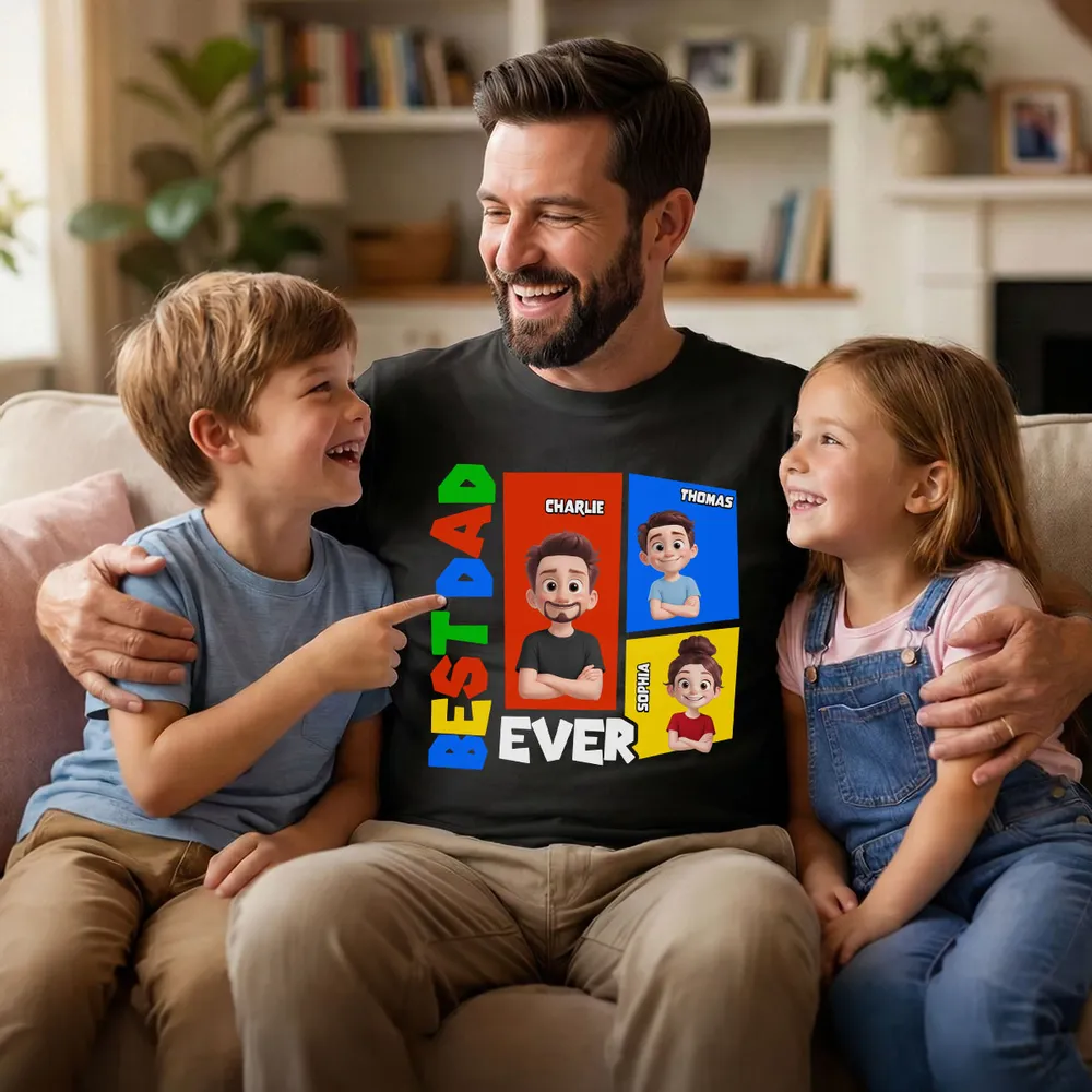 Personalized Dad Arcade Classic Tee, Colorful Cartoon Portraits, Unique Creative Gift for Dad - Image 2