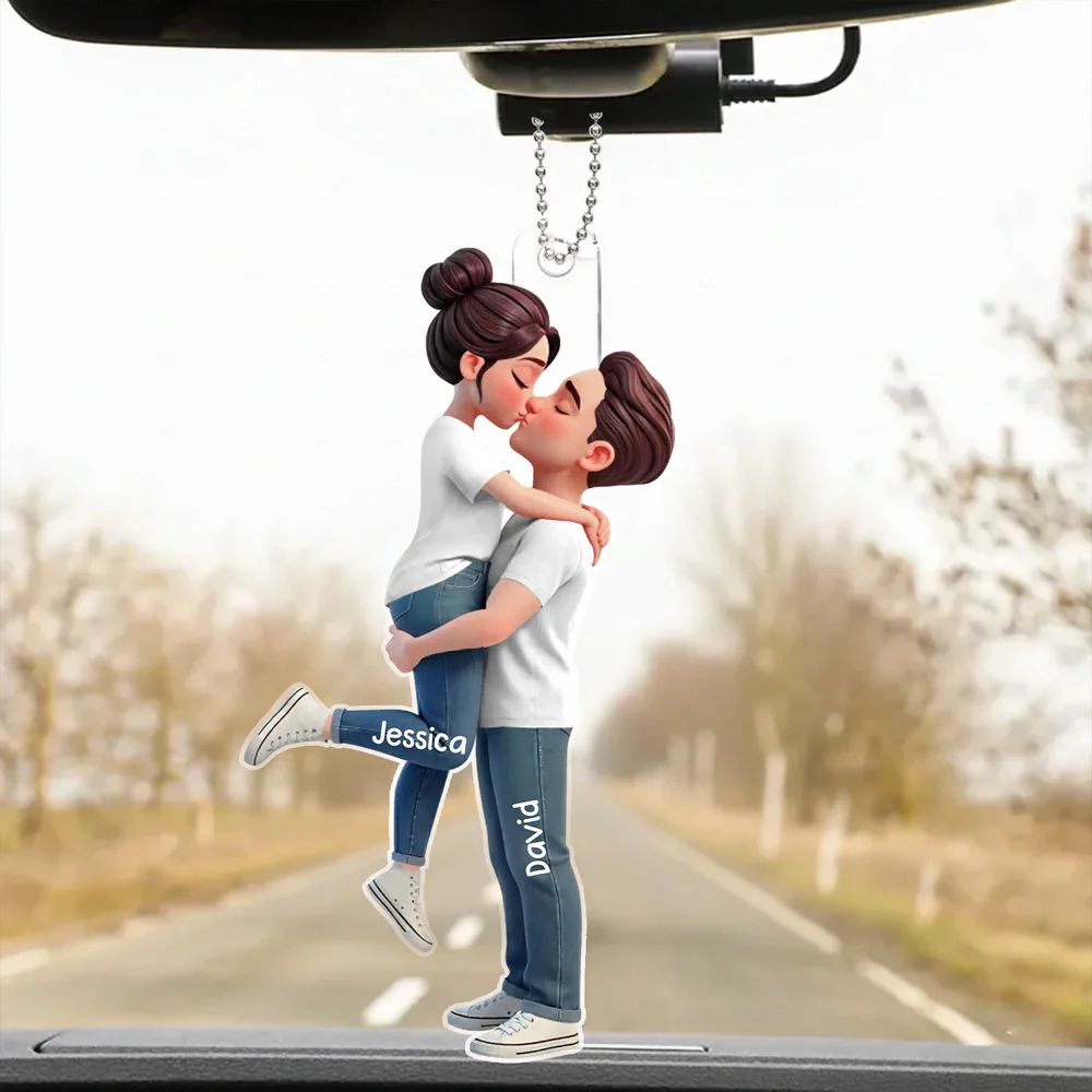 Personalized Acrylic Car Hanger with Kissing Couple, Unique Gift for Couples, Sunset Drive Decor