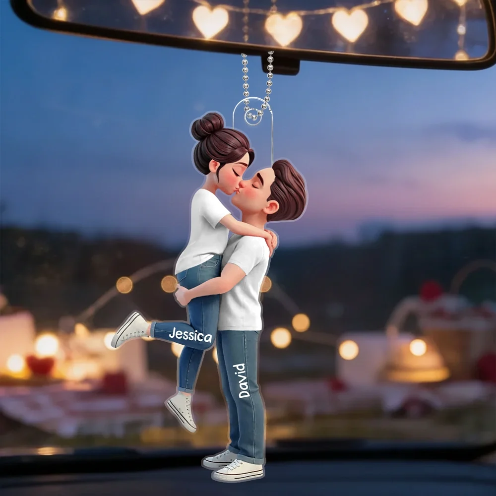 Personalized Acrylic Car Hanger with Kissing Couple, Unique Gift for Couples, Sunset Drive Decor - Image 3