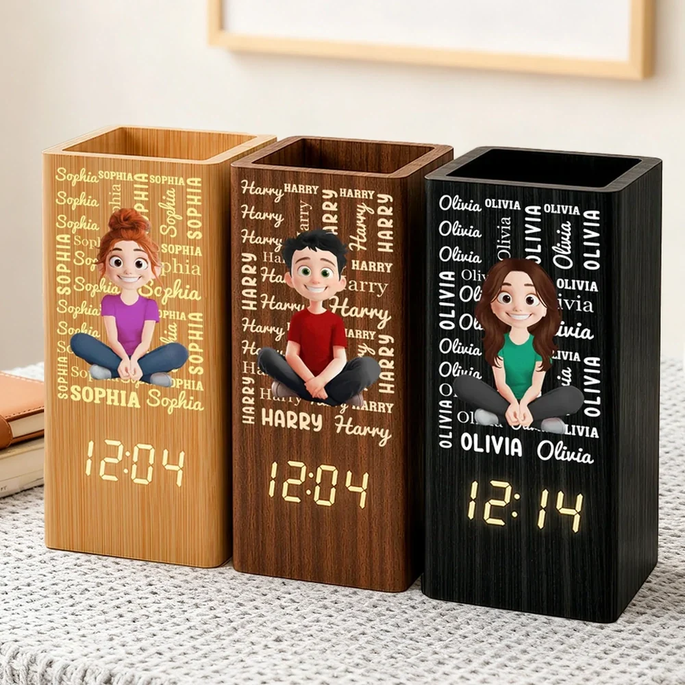 Personalized Wooden Pen Holder Clock With Sitting Cartoon Kid, Pattern Desk Decor, Unique Gift For Kids