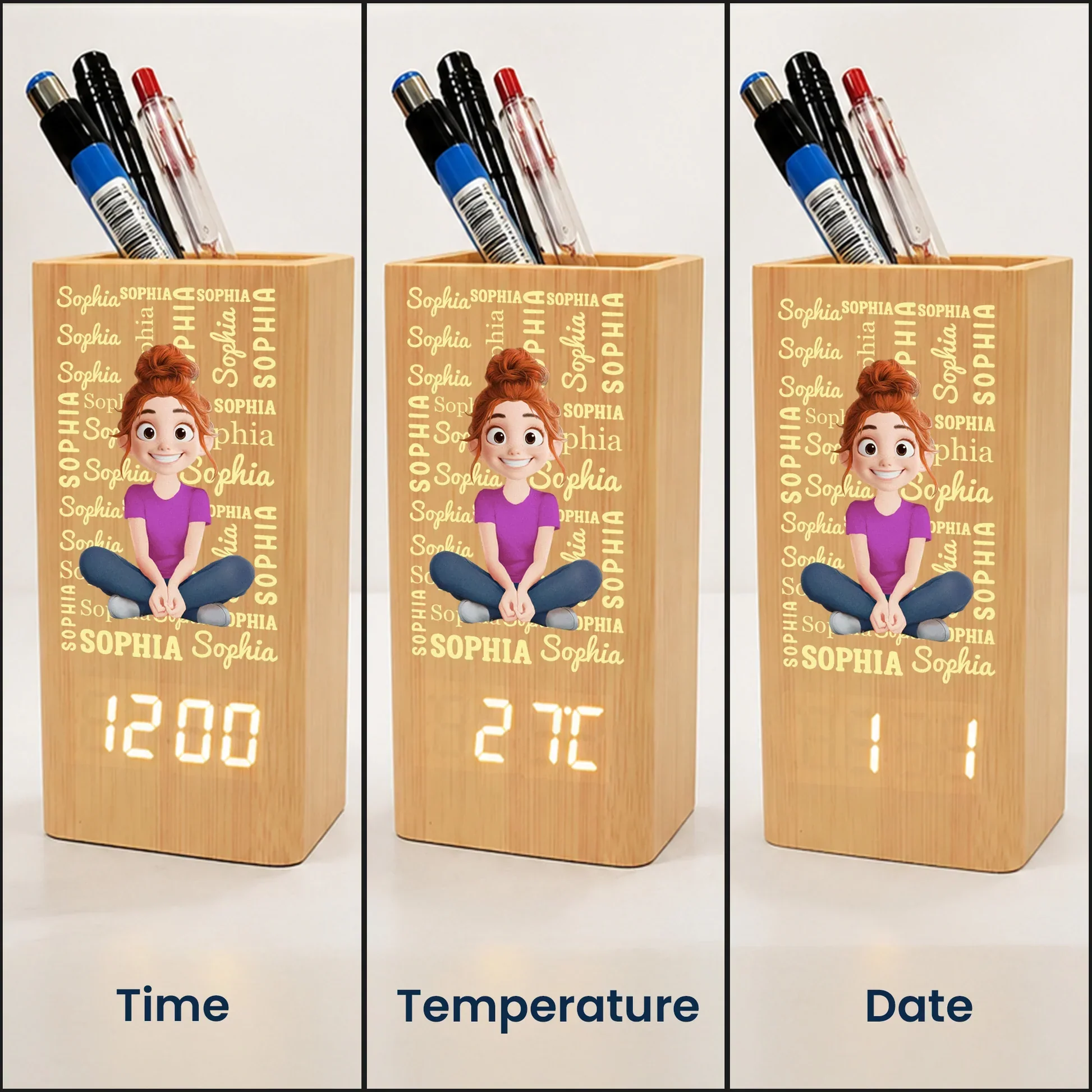 Personalized Wooden Pen Holder Clock With Sitting Cartoon Kid, Pattern Desk Decor, Unique Gift For Kids - Image 5