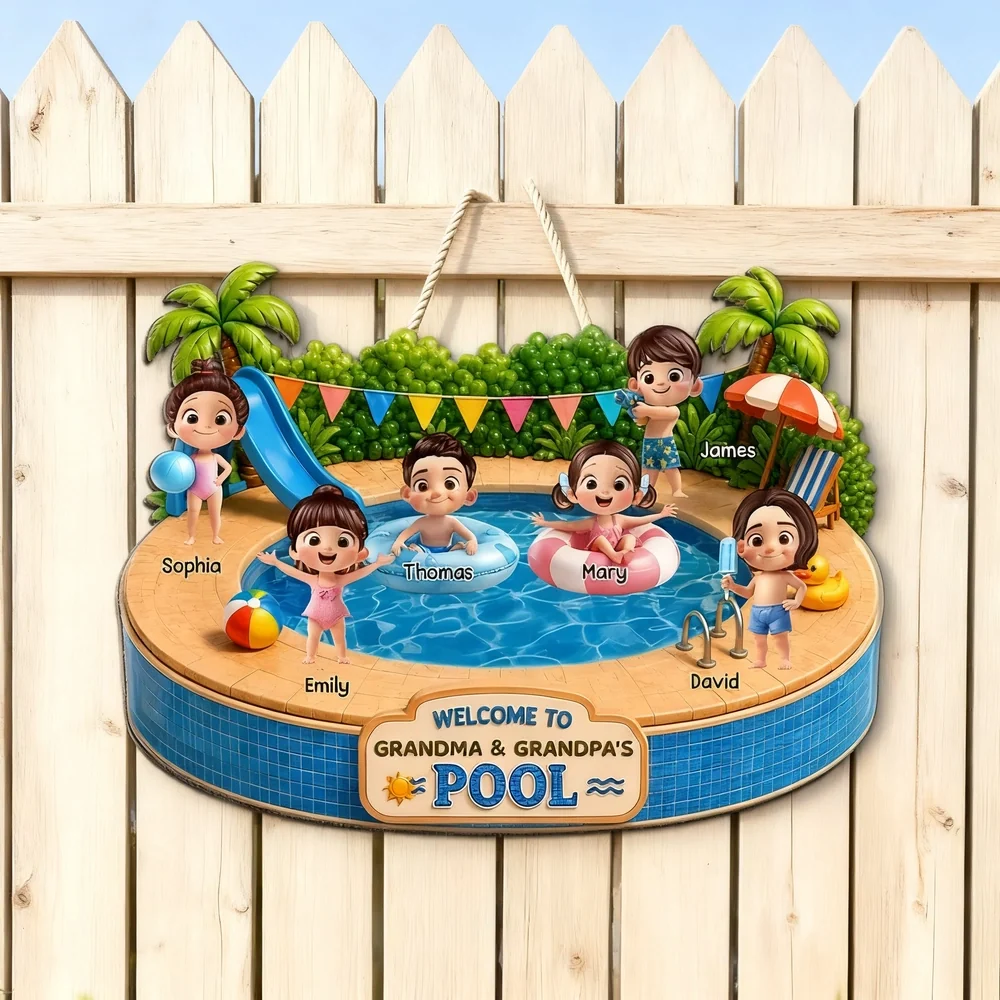 Personalized Wooden Sign with Kids Playing at Pool, Unique Gift for Grandparents, Tropical Door Decor