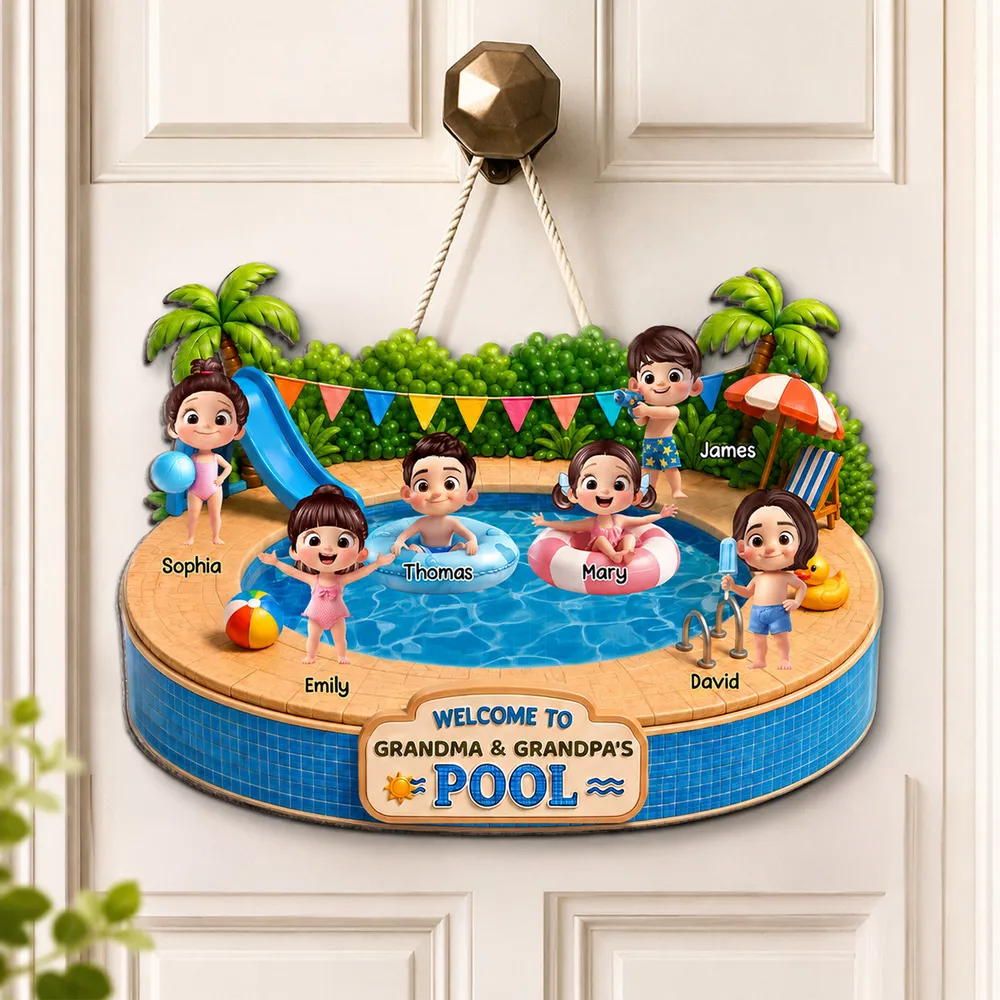 Personalized Wooden Sign with Kids Playing at Pool, Unique Gift for Grandparents, Tropical Door Decor - Image 2