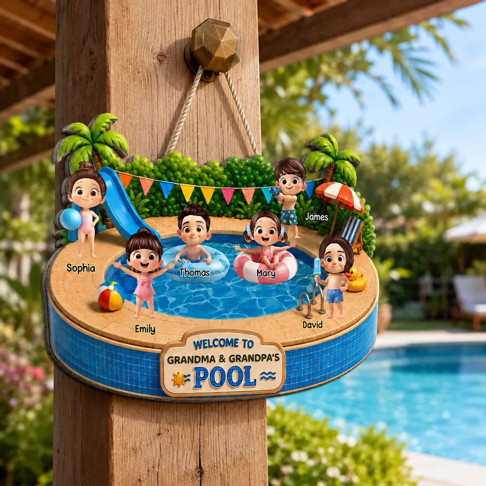 Personalized Wooden Sign with Kids Playing at Pool, Unique Gift for Grandparents, Tropical Door Decor - Image 3