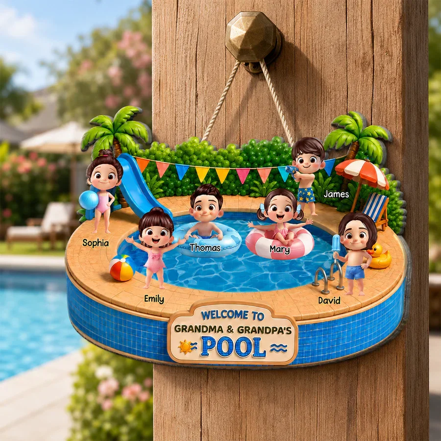 Personalized Wooden Sign with Kids Playing at Pool, Unique Gift for Grandparents, Tropical Door Decor - Image 4