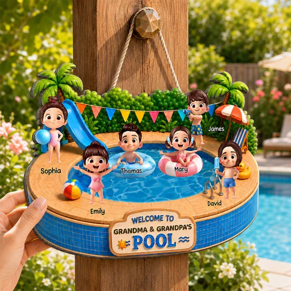 Personalized Wooden Sign with Kids Playing at Pool, Unique Gift for Grandparents, Tropical Door Decor - Image 5