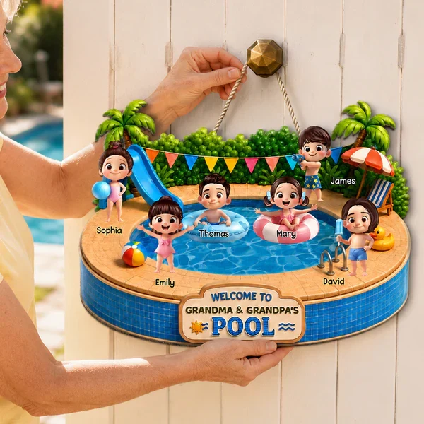 Personalized Wooden Sign with Kids Playing at Pool, Unique Gift for Grandparents, Tropical Door Decor - Image 6