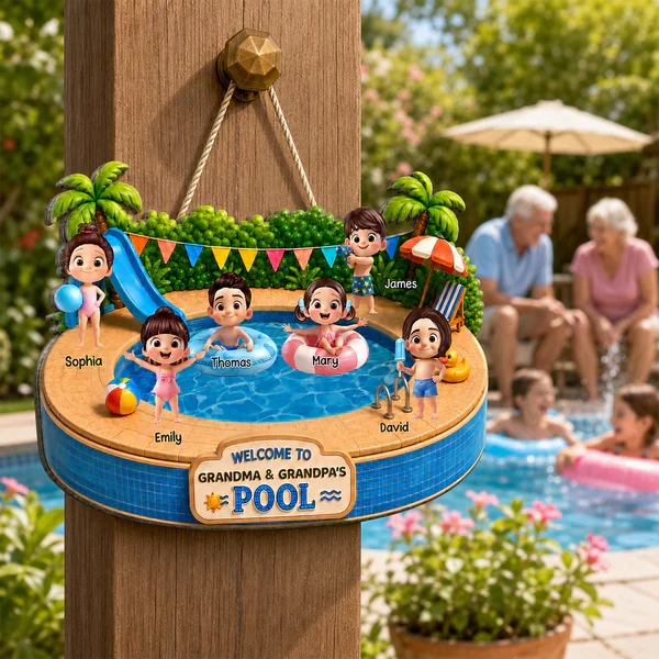 Personalized Wooden Sign with Kids Playing at Pool, Unique Gift for Grandparents, Tropical Door Decor - Image 7
