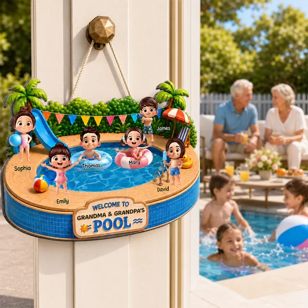 Personalized Wooden Sign with Kids Playing at Pool, Unique Gift for Grandparents, Tropical Door Decor - Image 8