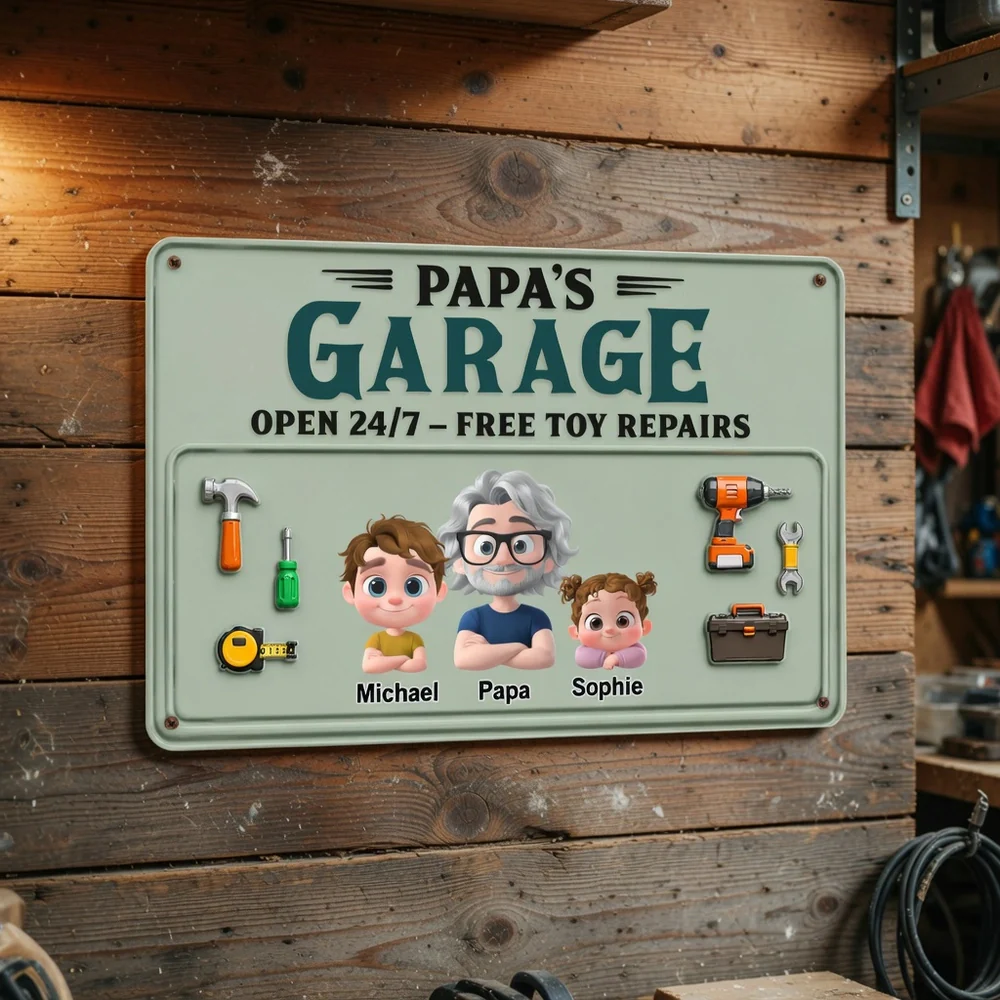 Personalized Rectangular Iron Sign, Papa Garage Cartoon, Unique Gift for Dad & Grandpa
