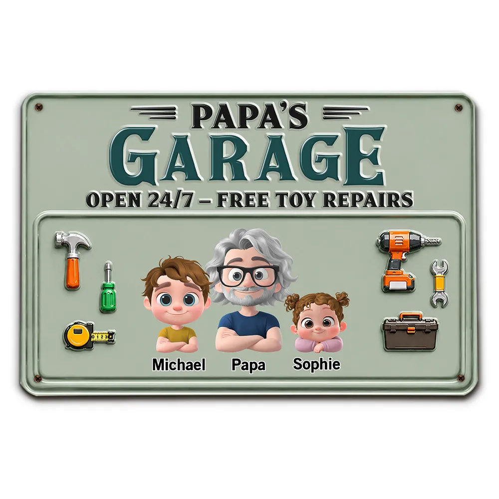 Personalized Rectangular Iron Sign, Papa Garage Cartoon, Unique Gift for Dad & Grandpa - Image 2