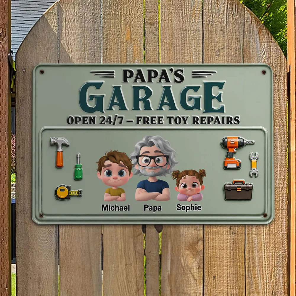 Personalized Rectangular Iron Sign, Papa Garage Cartoon, Unique Gift for Dad & Grandpa - Image 3