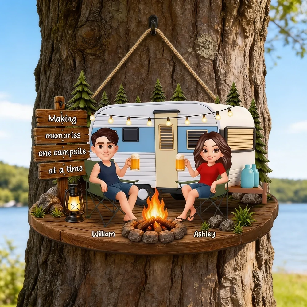 Personalized Wooden Sign for Campers, Couple by Campfire with RV, Making Memories Unique Gift