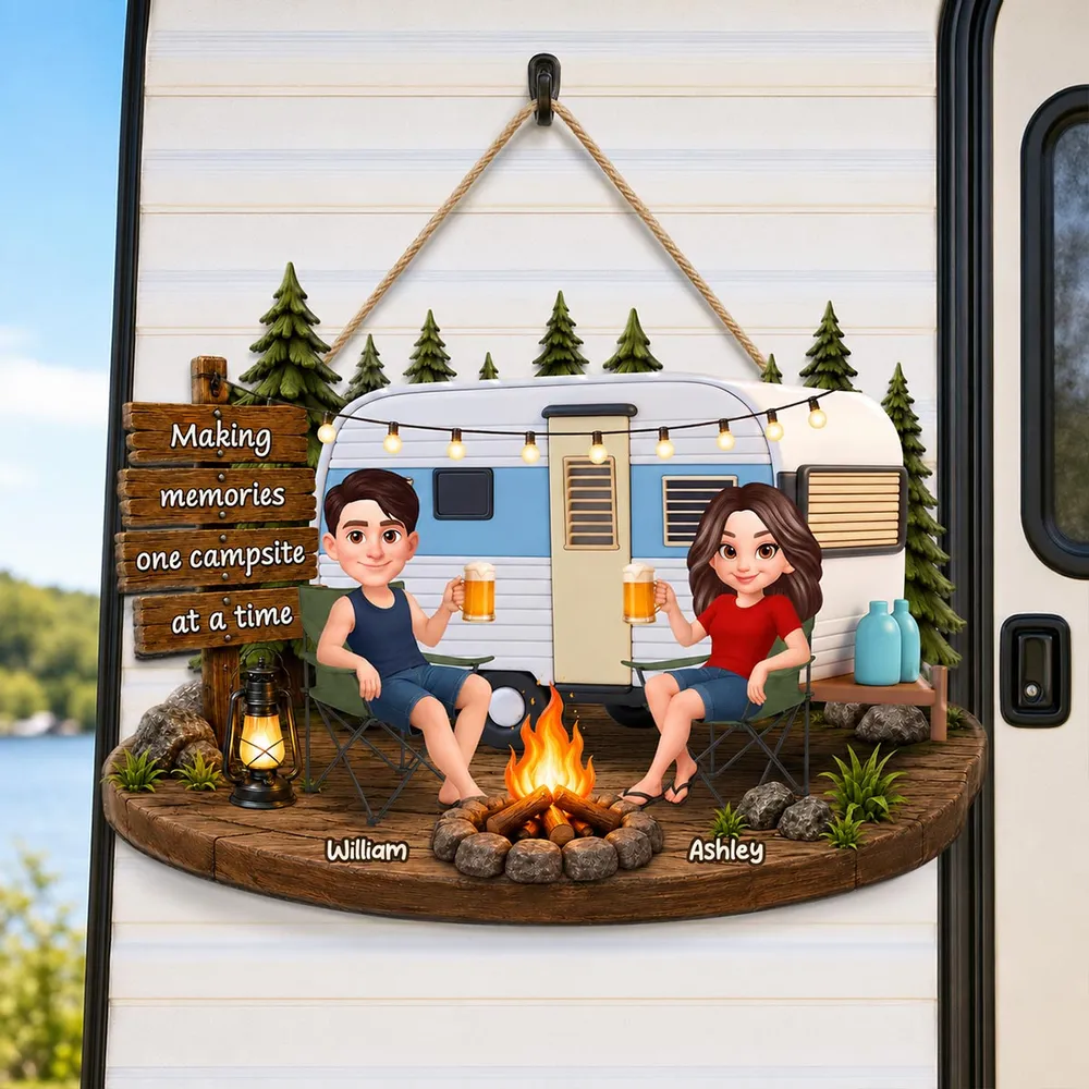 Personalized Wooden Sign for Campers, Couple by Campfire with RV, Making Memories Unique Gift - Image 2