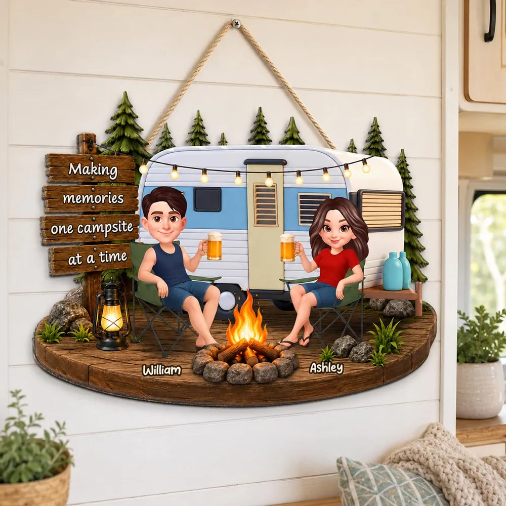 Personalized Wooden Sign for Campers, Couple by Campfire with RV, Making Memories Unique Gift - Image 3