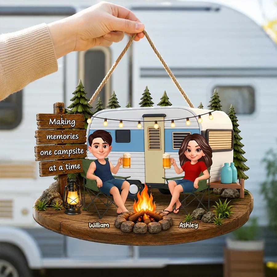 Personalized Wooden Sign for Campers, Couple by Campfire with RV, Making Memories Unique Gift - Image 5
