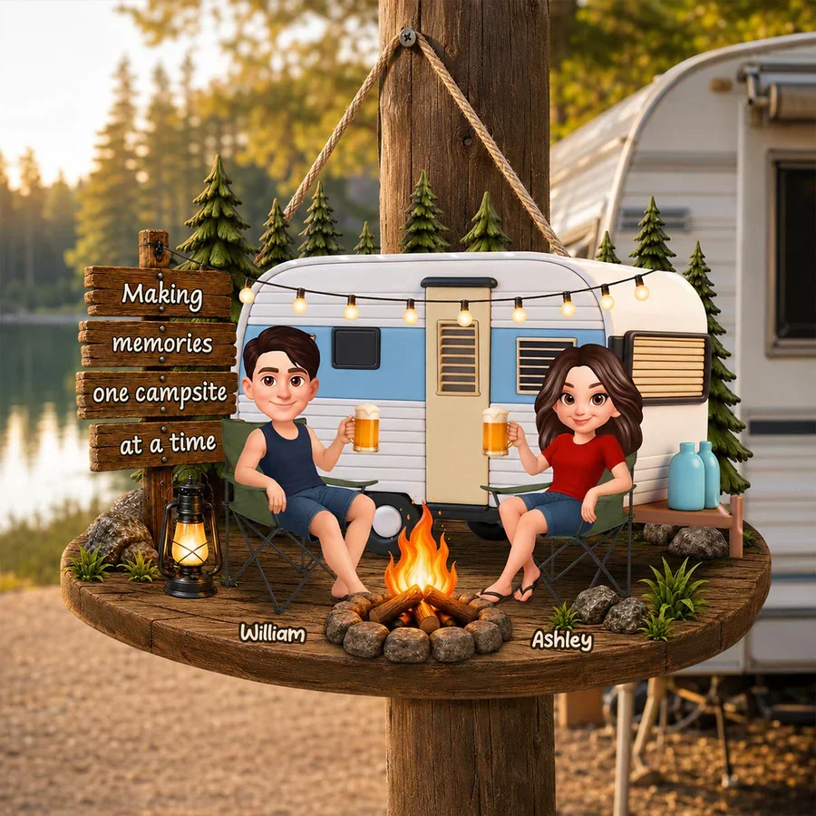Personalized Wooden Sign for Campers, Couple by Campfire with RV, Making Memories Unique Gift - Image 6