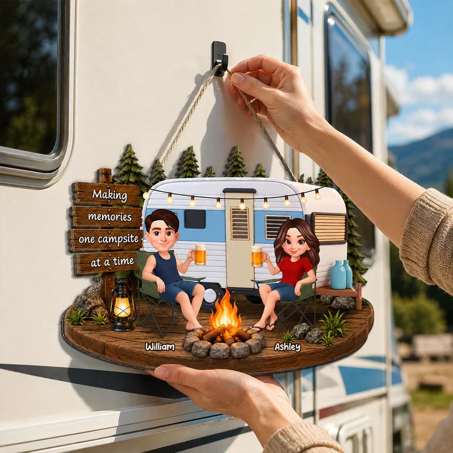 Personalized Wooden Sign for Campers, Couple by Campfire with RV, Making Memories Unique Gift - Image 7