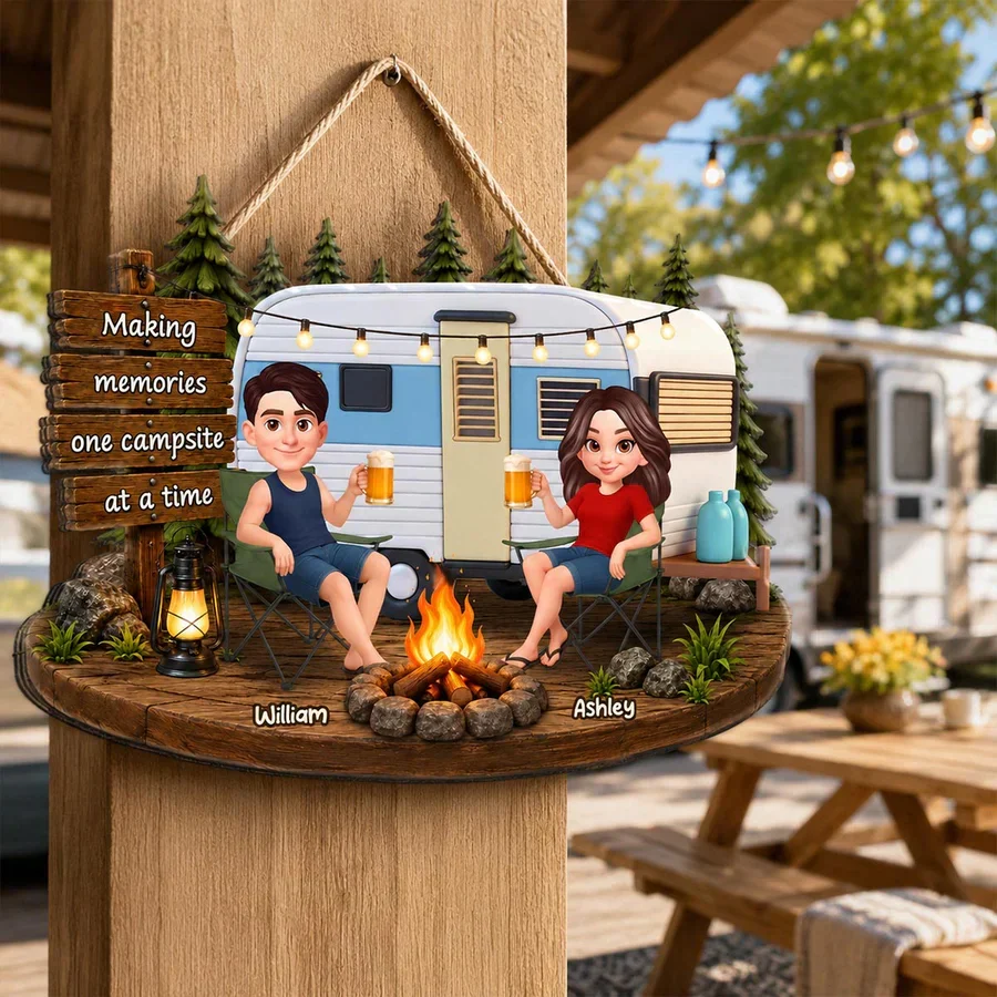 Personalized Wooden Sign for Campers, Couple by Campfire with RV, Making Memories Unique Gift - Image 8