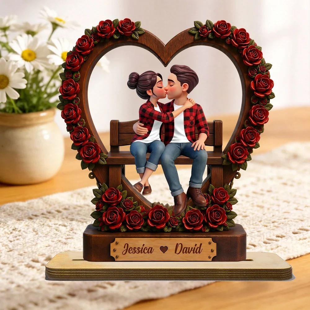 Personalized Wooden Plaque With Kissing Couple & Red Roses, Unique Gift for Couples
