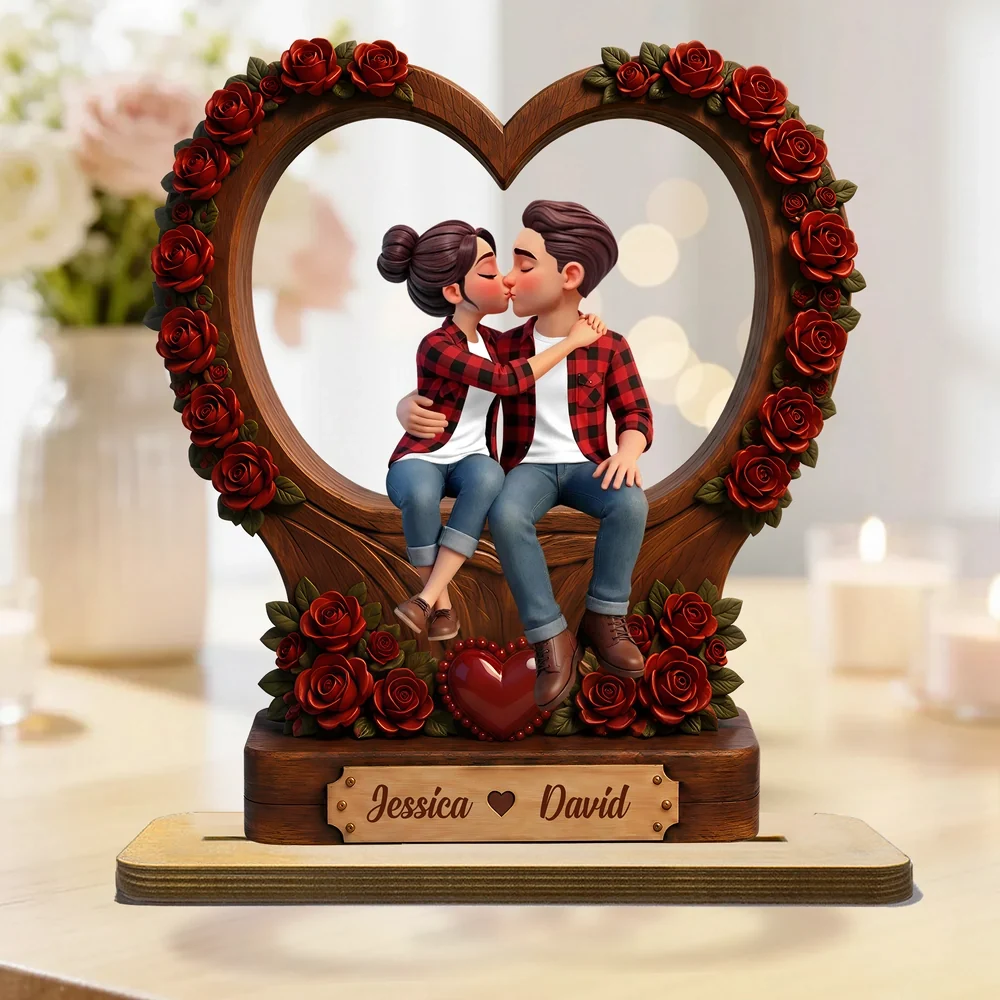 Personalized Wooden Plaque With Kissing Couple & Red Roses, Unique Gift for Couples - Image 3