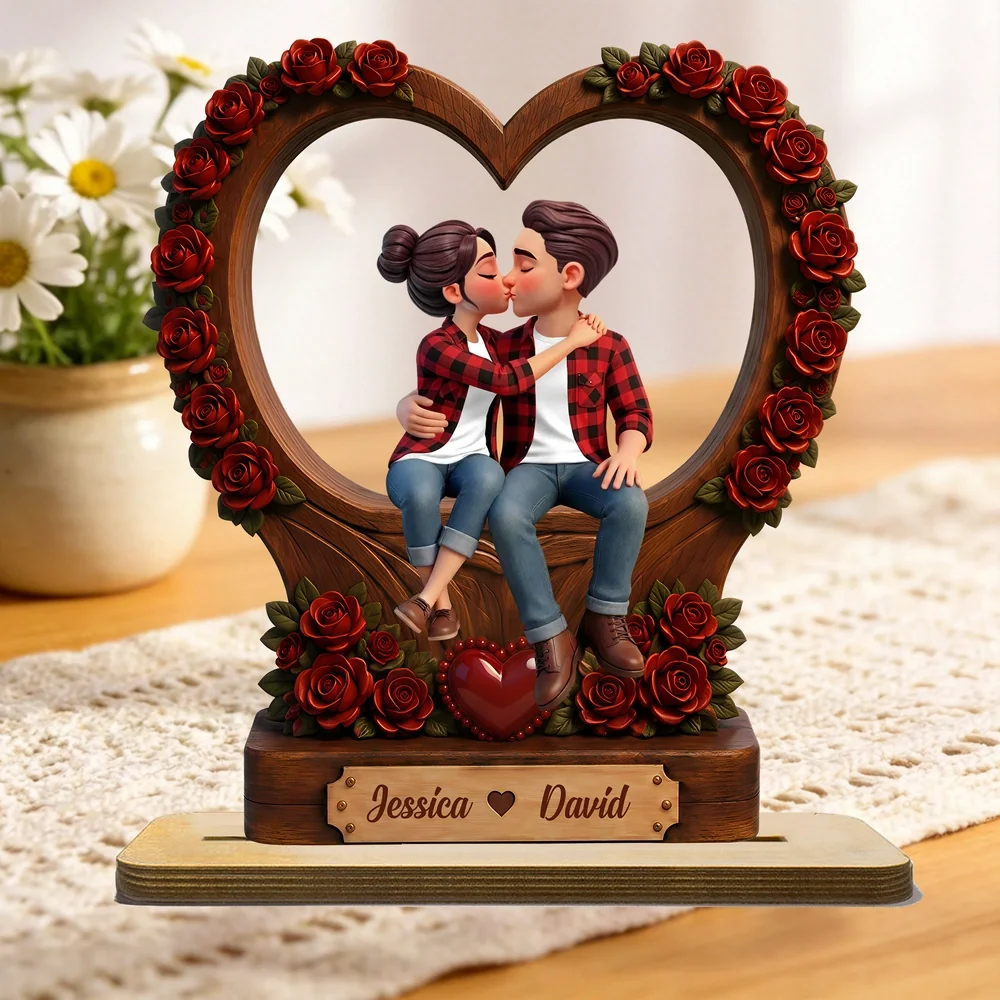 Personalized Wooden Plaque With Kissing Couple & Red Roses, Unique Gift for Couples - Image 5
