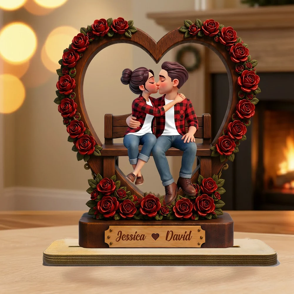 Personalized Wooden Plaque With Kissing Couple & Red Roses, Unique Gift for Couples - Image 6