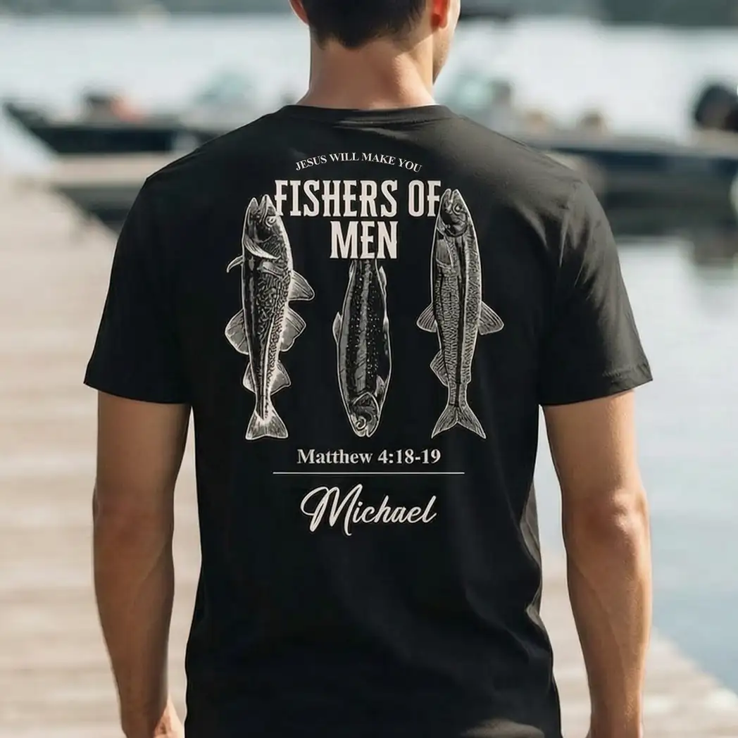 Personalized Classic Tee, Fishers Of Men Bible Verse Shirt With Fish Illustration, Unique Gift For Fishermen