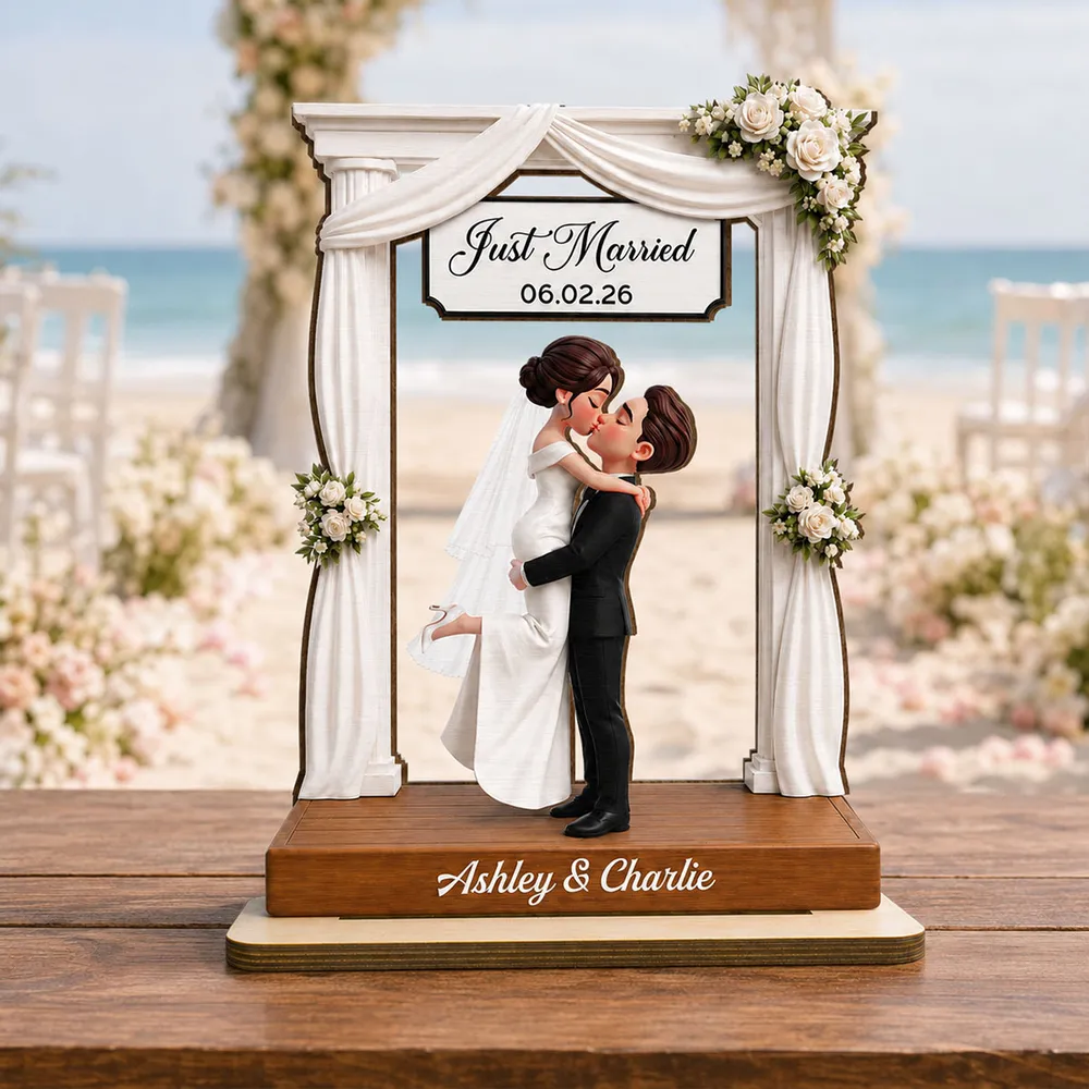 Personalized 2-Layer Wooden Plaque with Kissing Bride & Groom, Beach Wedding Unique Gift - Image 2