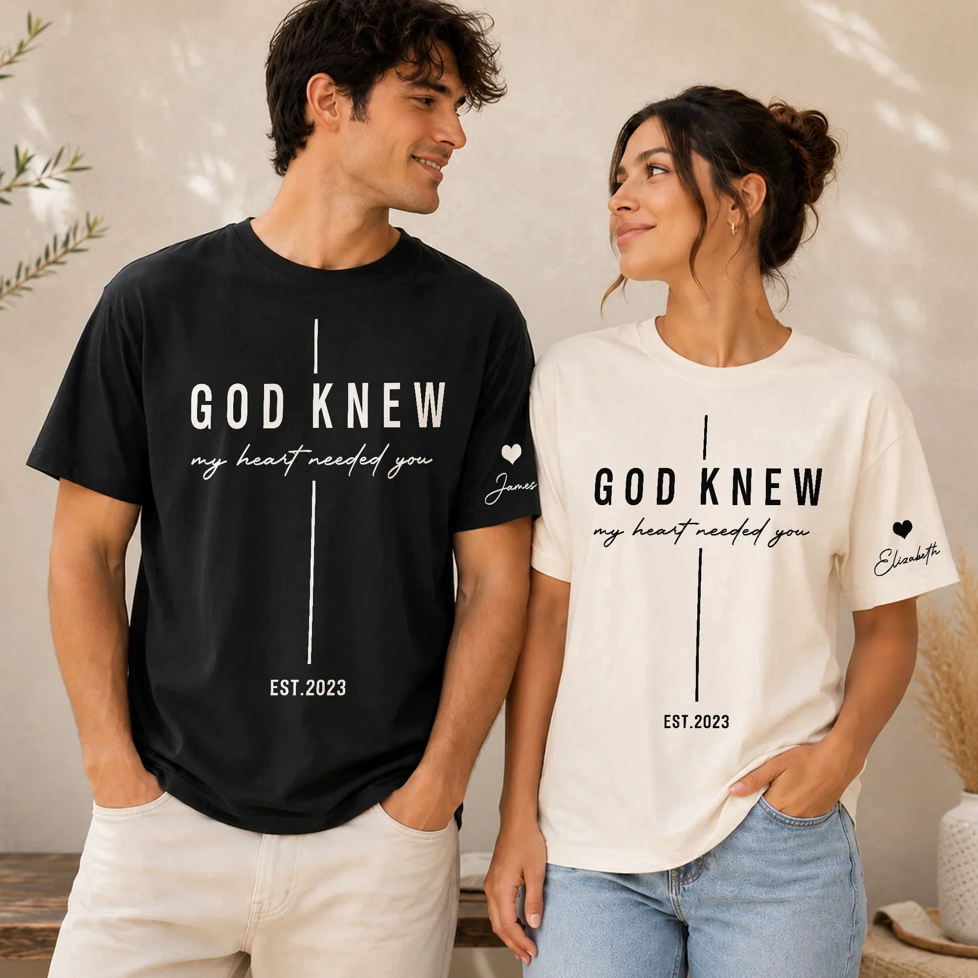 Dual Print Classic Tee with God Knew My Heart Quote for Married Couple at Sunset, Creative Gift - Image 2