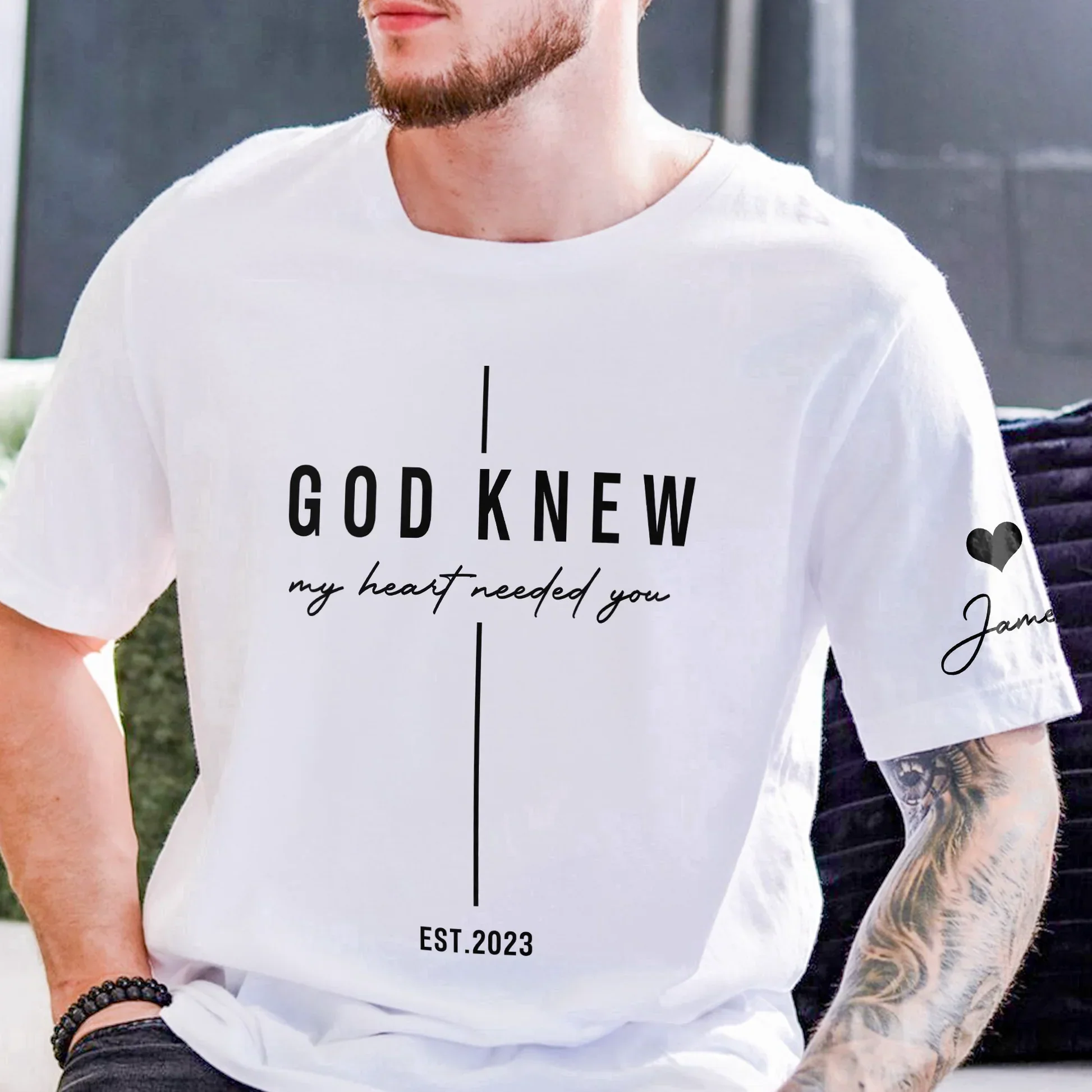 Dual Print Classic Tee with God Knew My Heart Quote for Married Couple at Sunset, Creative Gift - Image 3