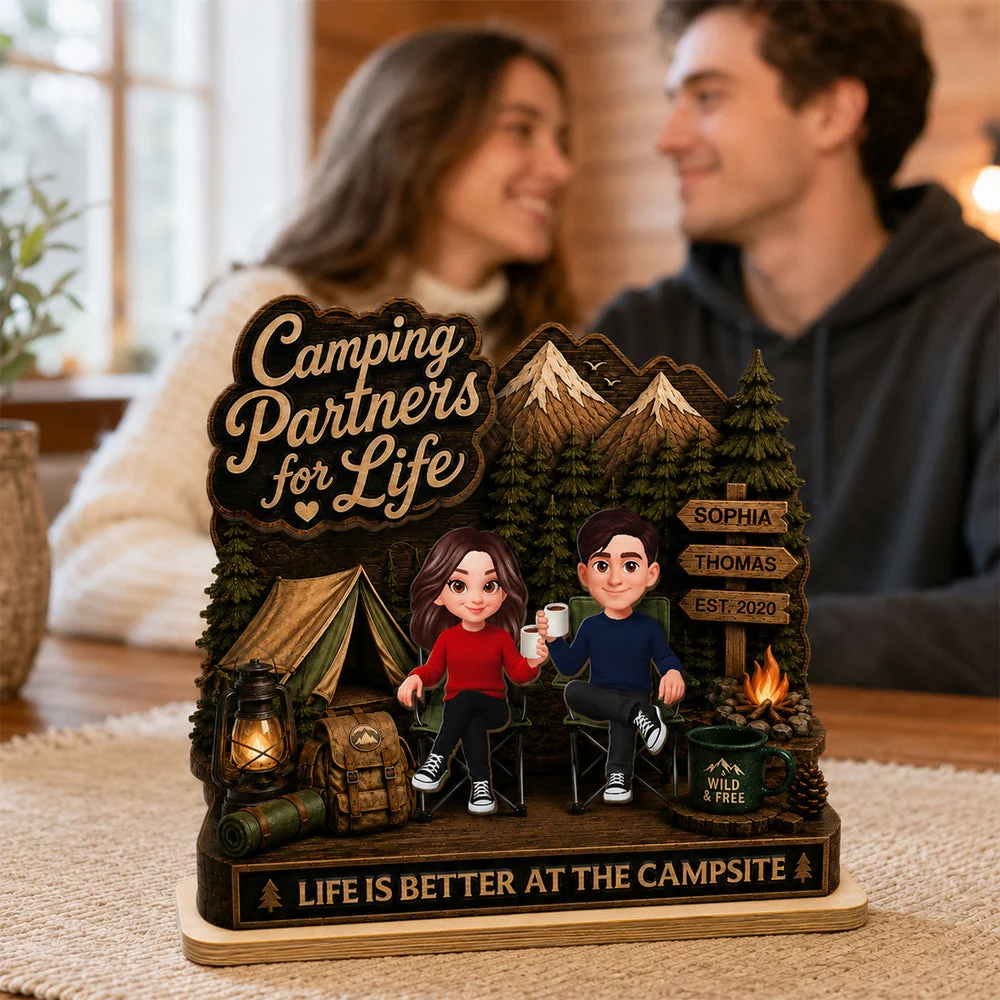 Camping Partners for Life 2-Layer Wooden Plaque, Custom Forest Campsite Scene, Creative Gift for Couple - Image 7