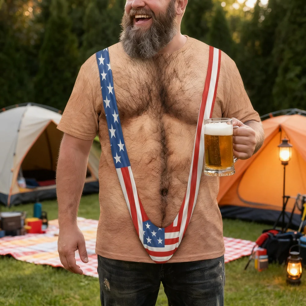 Printed Classic Tee, Patriotic Hairy Body Illusion, Laughing Man Outdoor Party, Unique Gift for Dad