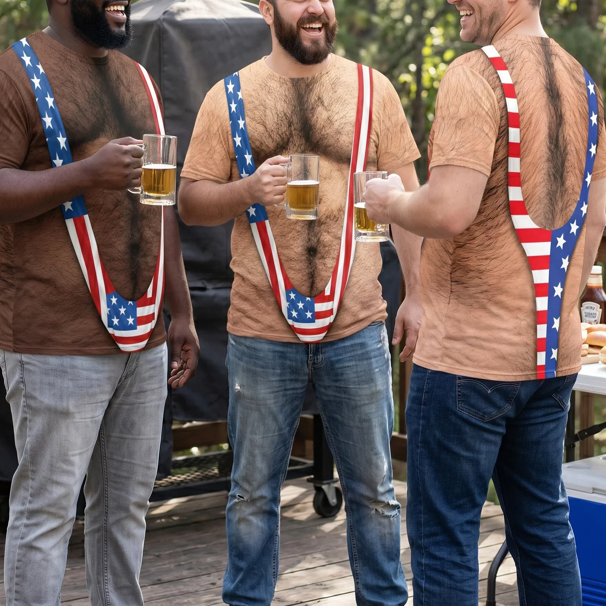 Printed Classic Tee, Patriotic Hairy Body Illusion, Laughing Man Outdoor Party, Unique Gift for Dad - Image 2