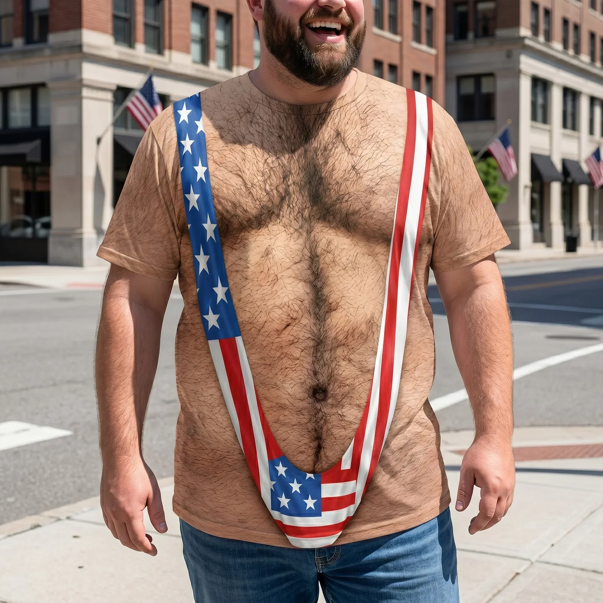 Printed Classic Tee, Patriotic Hairy Body Illusion, Laughing Man Outdoor Party, Unique Gift for Dad - Image 3