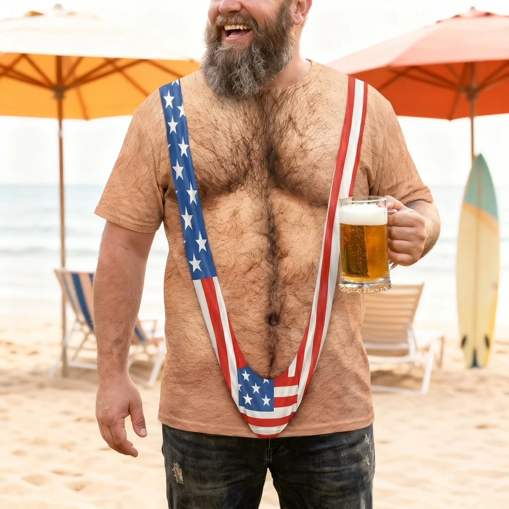 Printed Classic Tee, Patriotic Hairy Body Illusion, Laughing Man Outdoor Party, Unique Gift for Dad - Image 4