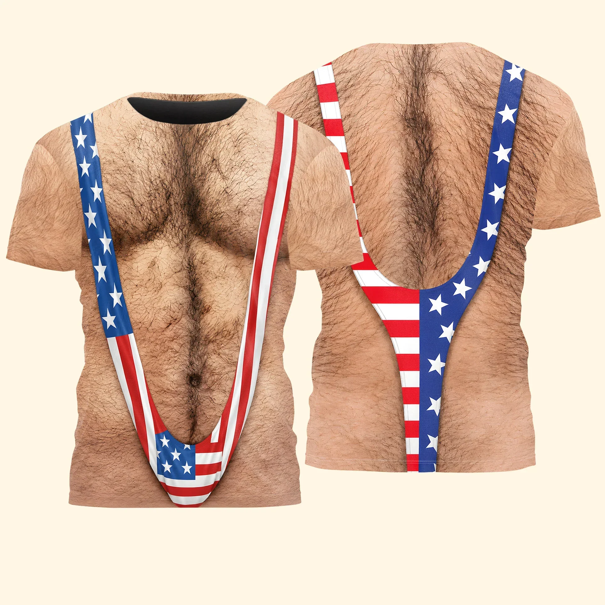 Printed Classic Tee, Patriotic Hairy Body Illusion, Laughing Man Outdoor Party, Unique Gift for Dad - Image 5