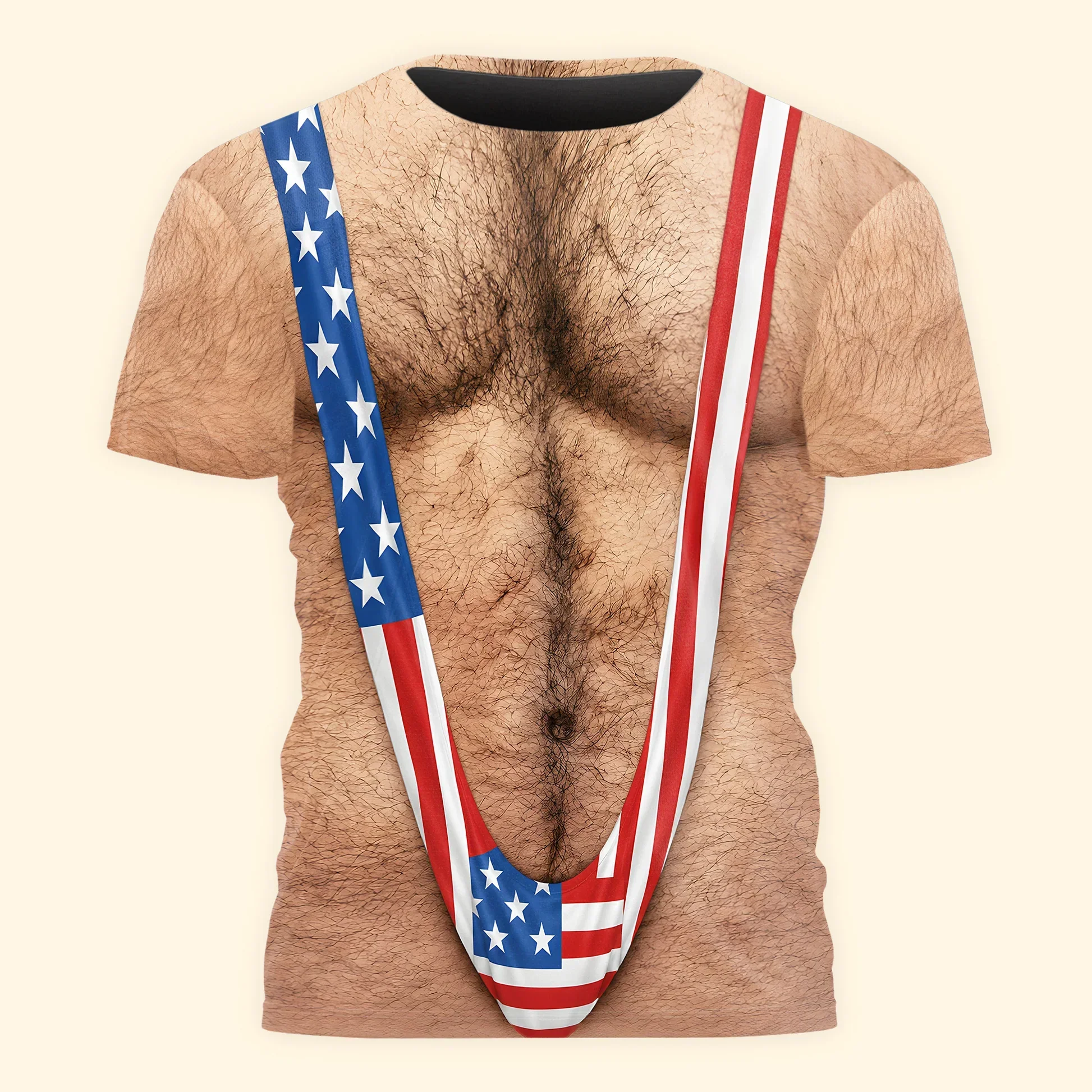 Printed Classic Tee, Patriotic Hairy Body Illusion, Laughing Man Outdoor Party, Unique Gift for Dad - Image 6