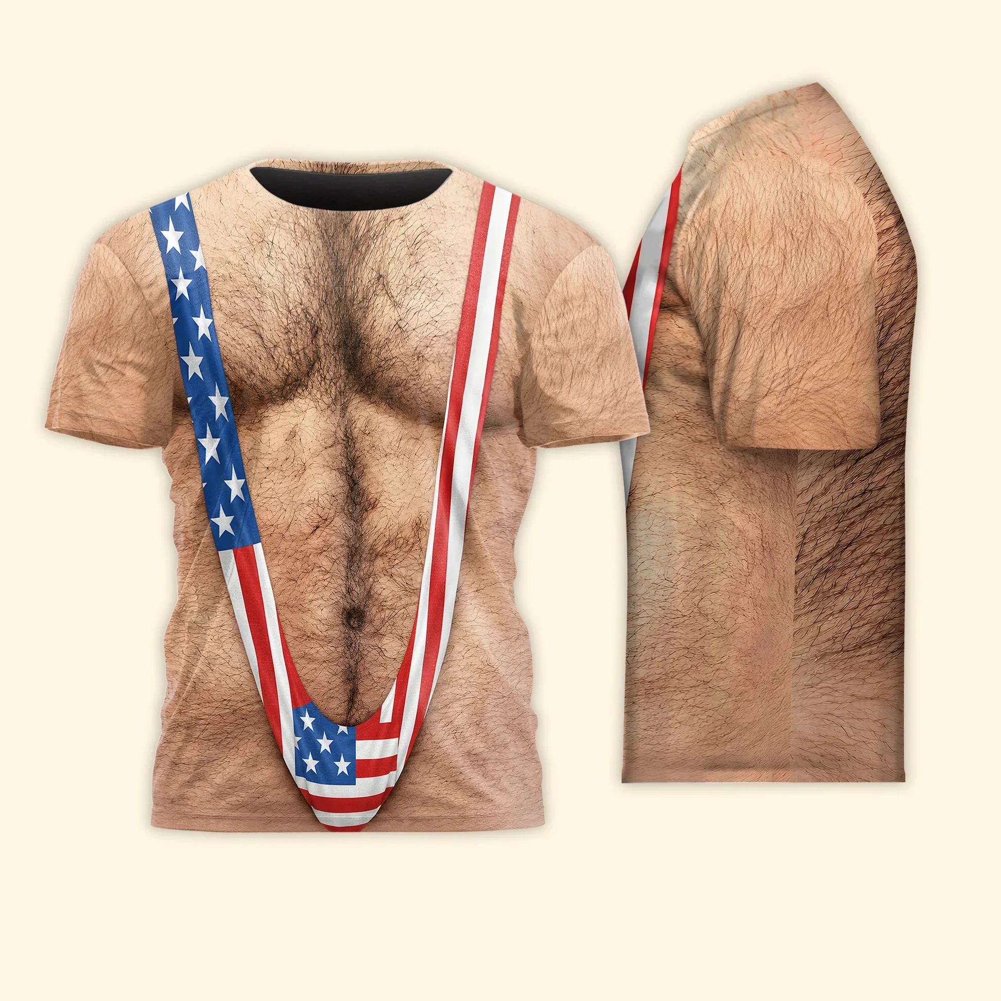 Printed Classic Tee, Patriotic Hairy Body Illusion, Laughing Man Outdoor Party, Unique Gift for Dad - Image 7