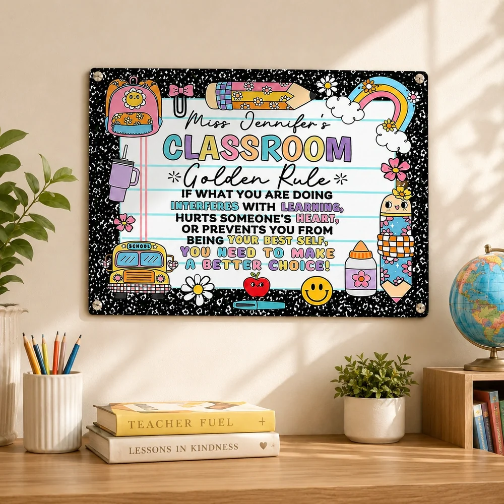 Personalized Rectangular Iron Sign for Teacher, Rainbow Classroom Golden Rule Decor, Unique Gift