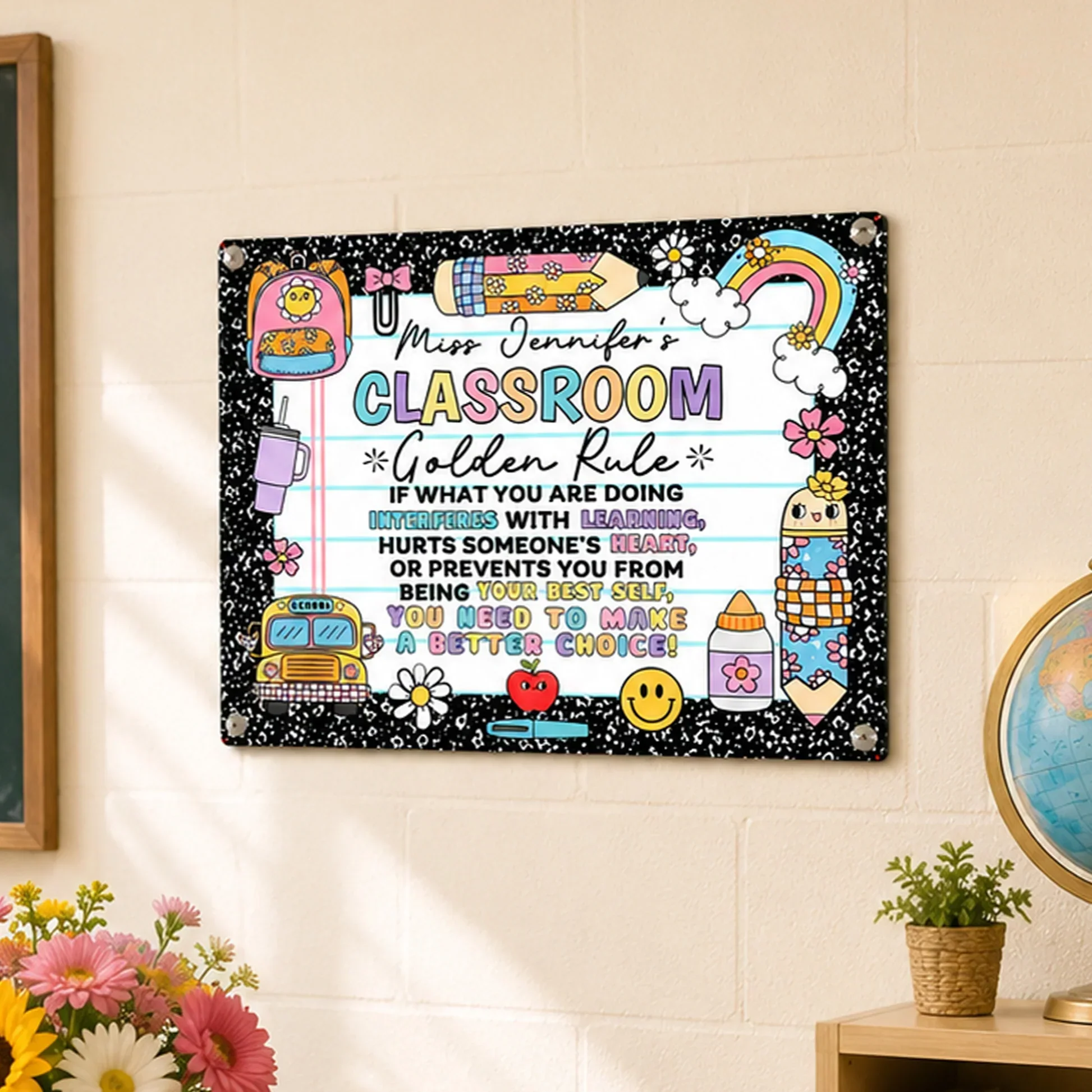 Personalized Rectangular Iron Sign for Teacher, Rainbow Classroom Golden Rule Decor, Unique Gift - Image 2
