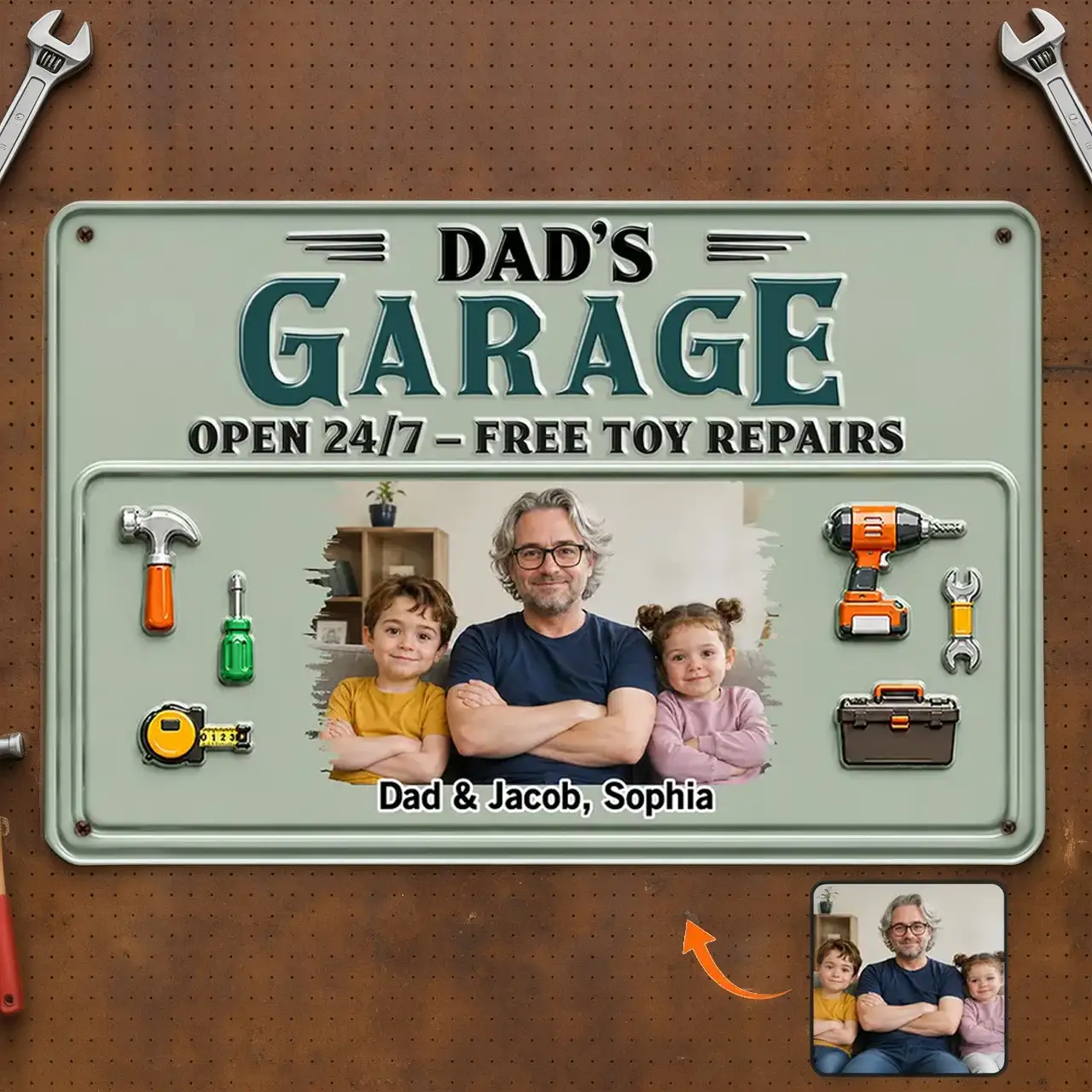 Personalized Rectangular Iron Sign, Arms-Crossed Dad & Kids Garage Photo, Creative Gift for Dad