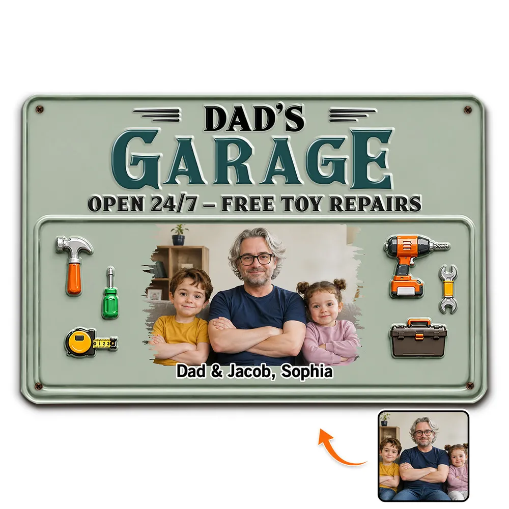 Personalized Rectangular Iron Sign, Arms-Crossed Dad & Kids Garage Photo, Creative Gift for Dad - Image 2
